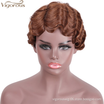 Vigorous Wholesale Price Cheap Short Pixie Cut Brown Wig for Black Women Wave Synthetic Wigs High Temperature